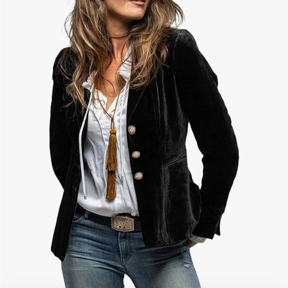 ML007-Black-L Black Velvet Single-Button Blazer Jacket by - Picture 2 of 4